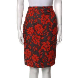 Norman Ambrose Red & Black Floral Jacquard Pencil Skirt | Est Size 8